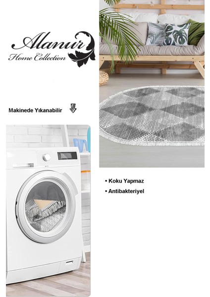 Dijital Salon Halısı Yıldız Deri Kaymaz Taban Saçaklı Oval Iskandinav Amaris Gri