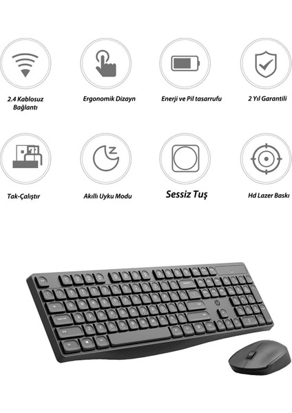 Hp CS10 Kablosuz Wireless Sessiz Klavye Mouse Set Türkçe Q