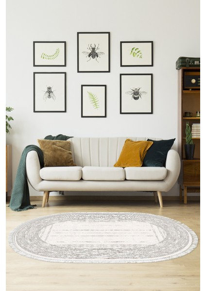 Dijital Salon Halısı Yıldız Deri Kaymaz Taban Saçaklı Oval Modern Rana Yeşil