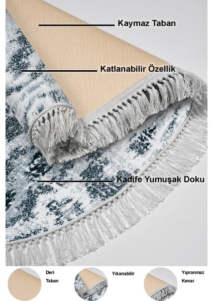 Dijital Salon Halısı Yıldız Deri Kaymaz Taban Saçaklı Oval Iskandinav Annika Mavi