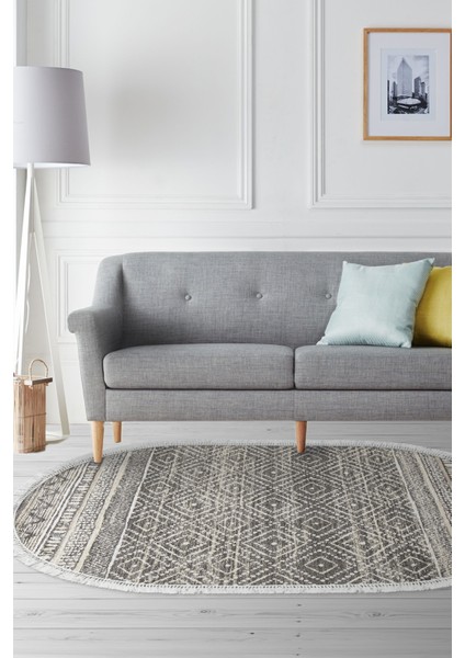 Dijital Salon Halısı Star Pamuk Kaymaz Taban Saçaklı Oval Iskandinav Liz Gri