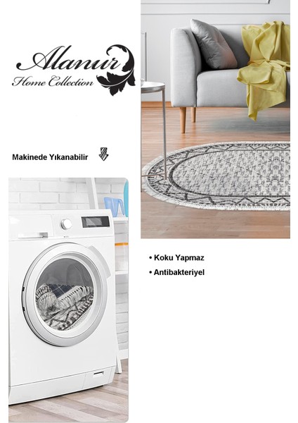 Dijital Salon Halısı Star Pamuk Kaymaz Taban Saçaklı Oval Iskandinav Farah Gri