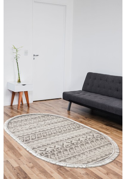 Dijital Salon Halısı Star Pamuk Kaymaz Taban Saçaklı Oval Iskandinav Mali Açık Kahve