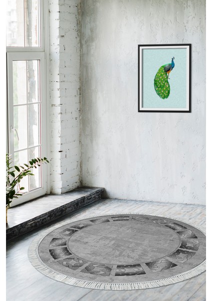 Dijital Salon Halısı Yıldız Deri Kaymaz Taban Saçaklı Yuvarlak Modern Twyla Gri