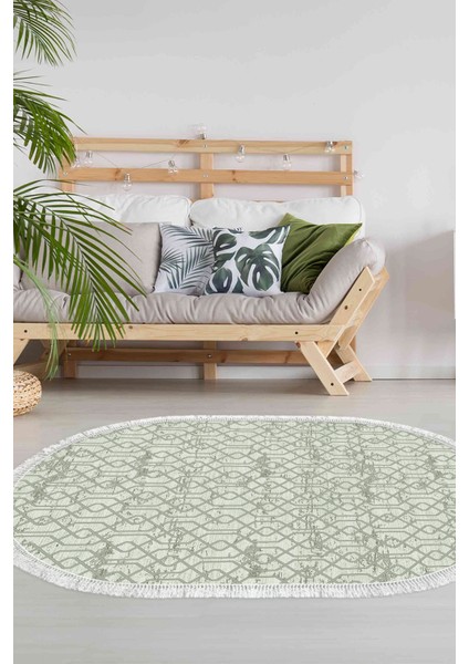 Dijital Salon Halısı Yıldız Deri Kaymaz Taban Saçaklı Oval Modern Eliana Yeşil