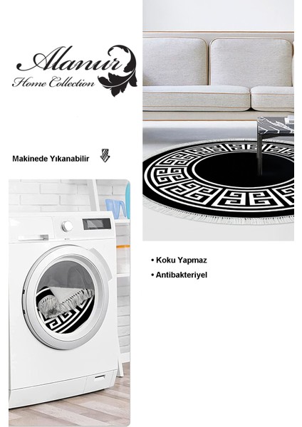 Dijital Salon Halısı Trend Keçe Kaymaz Taban Saçaklı Yuvarlak Modern Penelope Siyah