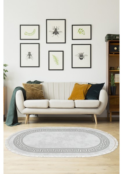 Dijital Salon Halısı Star Pamuk Kaymaz Taban Saçaklı Oval Modern Cassietta Gri