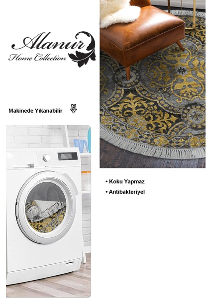 Dijital Salon Halısı Trend Keçe Kaymaz Taban Saçaklı Yuvarlak Modern Osana Sarı