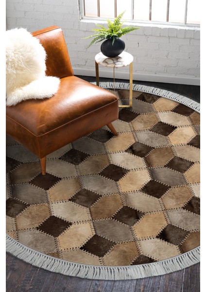 Dijital Salon Halısı Trend Keçe Kaymaz Taban Saçaklı Yuvarlak Modern Tanya Kahve