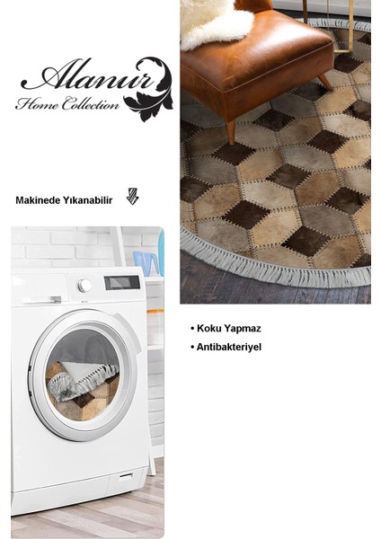 Dijital Salon Halısı Trend Keçe Kaymaz Taban Saçaklı Yuvarlak Modern Tanya Kahve modelleri