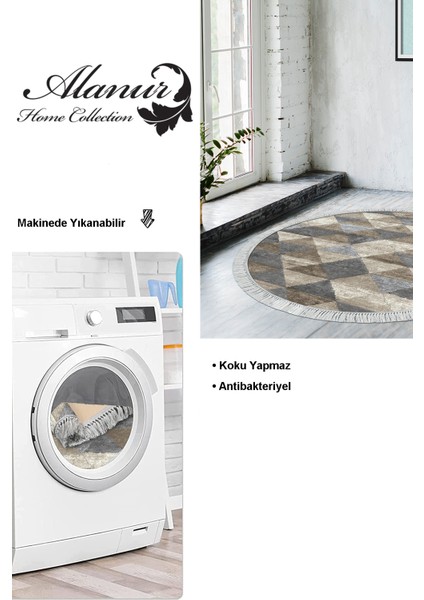 Dijital Salon Halısı Yıldız Deri Kaymaz Taban Saçaklı Yuvarlak Iskandinav Kitty Bej