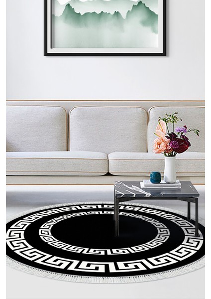 Dijital Salon Halısı Yıldız Deri Kaymaz Taban Saçaklı Yuvarlak Modern Starr Siyah