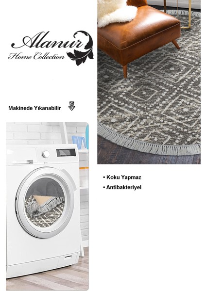 Dijital Salon Halısı Yıldız Deri Kaymaz Taban Saçaklı Yuvarlak Iskandinav Liz Gri modelleri