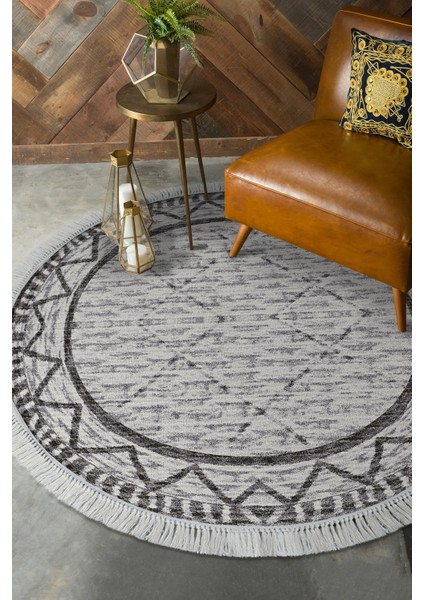 Dijital Salon Halısı Yıldız Deri Kaymaz Taban Saçaklı Yuvarlak Iskandinav Farah Gri