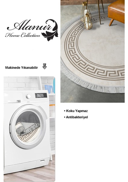 Dijital Salon Halısı Trend Keçe Kaymaz Taban Saçaklı Yuvarlak Modern Cassietta Krem modelleri