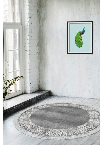 Dijital Salon Halısı Yıldız Deri Kaymaz Taban Saçaklı Yuvarlak Modern Sequoia Gri
