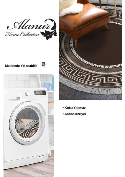 Dijital Salon Halısı Yıldız Deri Kaymaz Taban Saçaklı Yuvarlak Modern Carmel Kahve modelleri