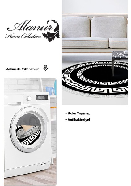 Dijital Salon Halısı Yıldız Deri Kaymaz Taban Saçaklı Yuvarlak Modern Starr Siyah