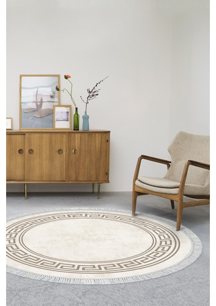 Dijital Salon Halısı Yıldız Deri Kaymaz Taban Saçaklı Yuvarlak Modern Cassietta Krem