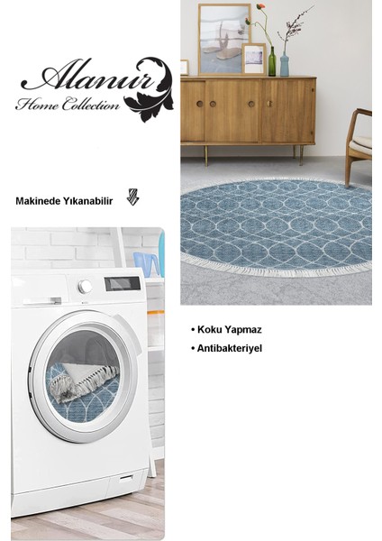 Dijital Salon Halısı Trend Keçe Kaymaz Taban Saçaklı Yuvarlak Iskandinav Celestine Lacivert modelleri