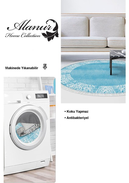 Dijital Salon Halısı Trend Keçe Kaymaz Taban Saçaklı Yuvarlak Modern Sequoia Mavi
