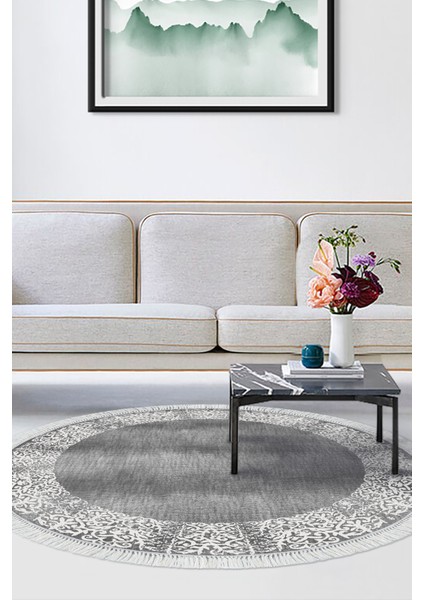 Dijital Salon Halısı Star Pamuk Kaymaz Taban Saçaklı Yuvarlak Modern Sequoia Gri