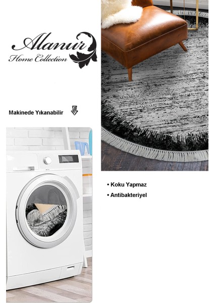 Dijital Salon Halısı Yıldız Deri Kaymaz Taban Saçaklı Yuvarlak Modern Evelina Siyah
