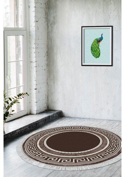 Dijital Salon Halısı Star Pamuk Kaymaz Taban Saçaklı Yuvarlak Modern Carmel Kahve