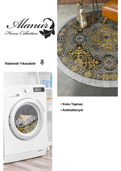 Dijital Salon Halısı Yıldız Deri Kaymaz Taban Saçaklı Yuvarlak Modern Osana Sarı