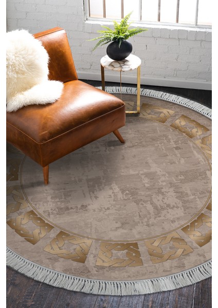 Dijital Salon Halısı Yıldız Deri Kaymaz Taban Saçaklı Yuvarlak Modern Twyla Camel