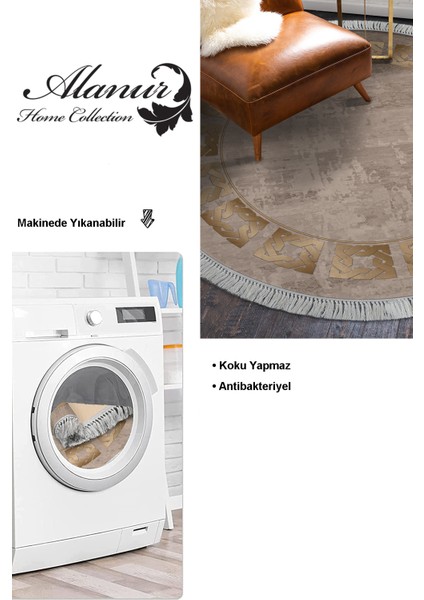 Dijital Salon Halısı Yıldız Deri Kaymaz Taban Saçaklı Yuvarlak Modern Twyla Camel