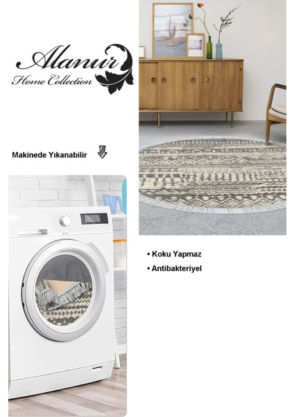 Dijital Salon Halısı Yıldız Deri Kaymaz Taban Saçaklı Yuvarlak Iskandinav Ysabel Gri
