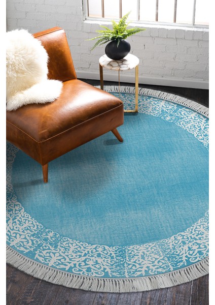 Dijital Salon Halısı Star Pamuk Kaymaz Taban Saçaklı Yuvarlak Modern Sequoia Mavi