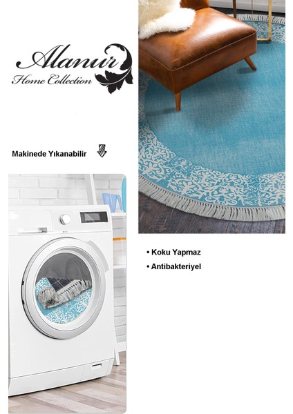 Dijital Salon Halısı Star Pamuk Kaymaz Taban Saçaklı Yuvarlak Modern Sequoia Mavi modelleri