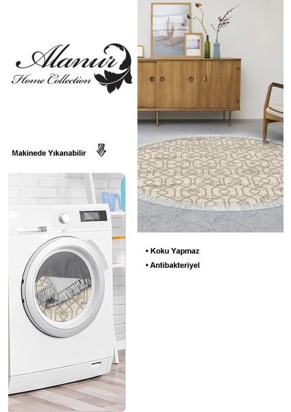 Dijital Salon Halısı Trend Keçe Kaymaz Taban Saçaklı Yuvarlak Modern Eliana Vizon modelleri
