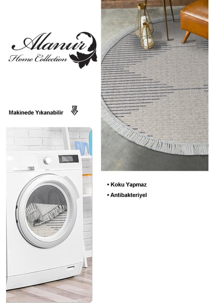 Dijital Salon Halısı Trend Keçe Kaymaz Taban Saçaklı Yuvarlak Iskandinav Kay Lacivert