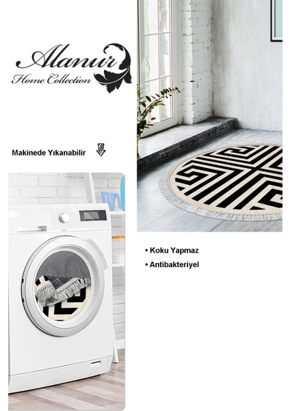 Dijital Salon Halısı Star Pamuk Kaymaz Taban Saçaklı Yuvarlak Modern Jem Siyah
