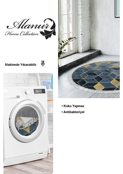 Dijital Salon Halısı Trend Keçe Kaymaz Taban Saçaklı Yuvarlak Iskandinav Stephania Mavi