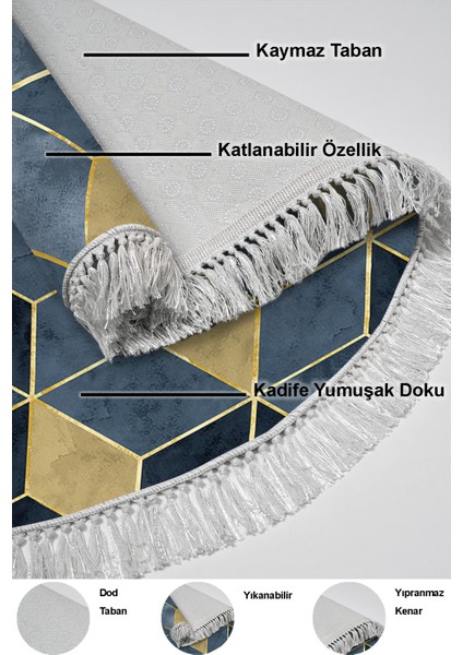Dijital Salon Halısı Trend Keçe Kaymaz Taban Saçaklı Yuvarlak Iskandinav Stephania Mavi
