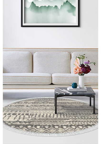 Dijital Salon Halısı Star Pamuk Kaymaz Taban Saçaklı Yuvarlak Iskandinav Ysabel Gri