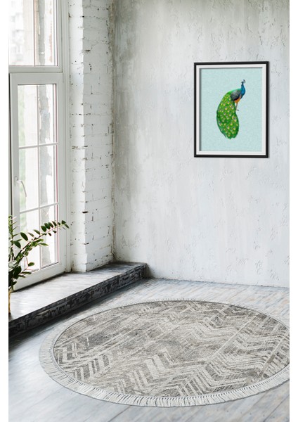 Dijital Salon Halısı Yıldız Deri Kaymaz Taban Saçaklı Yuvarlak Iskandinav Mel Gri