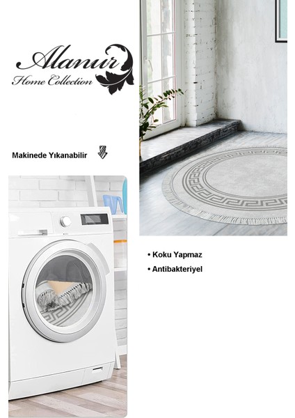 Dijital Salon Halısı Yıldız Deri Kaymaz Taban Saçaklı Yuvarlak Modern Cassietta Gri