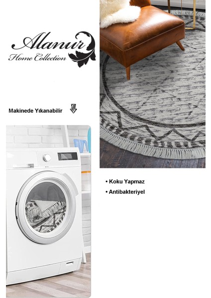 Dijital Salon Halısı Trend Keçe Kaymaz Taban Saçaklı Yuvarlak Iskandinav Farah Gri