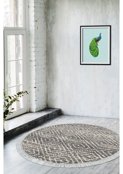 Dijital Salon Halısı Trend Keçe Kaymaz Taban Saçaklı Yuvarlak Iskandinav Liz Gri