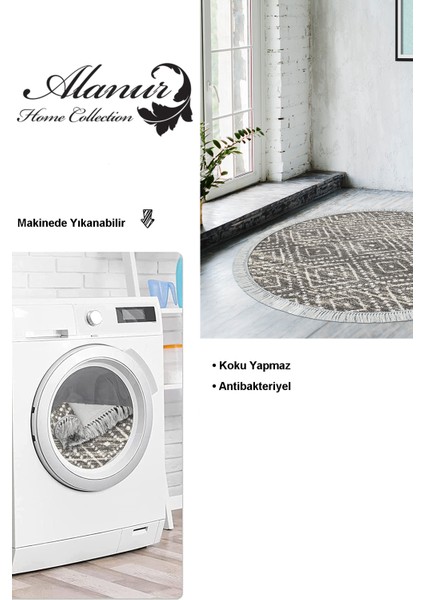 Dijital Salon Halısı Trend Keçe Kaymaz Taban Saçaklı Yuvarlak Iskandinav Liz Gri modelleri