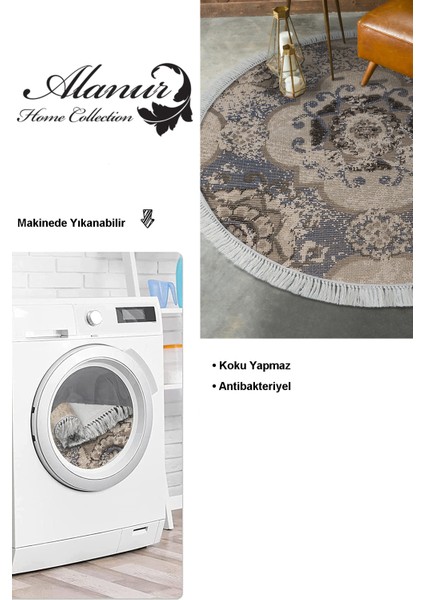 Dijital Salon Halısı Trend Keçe Kaymaz Taban Saçaklı Yuvarlak Modern Brenna Krem modelleri