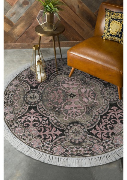 Dijital Salon Halısı Trend Keçe Kaymaz Taban Saçaklı Yuvarlak Modern Osana Pudra