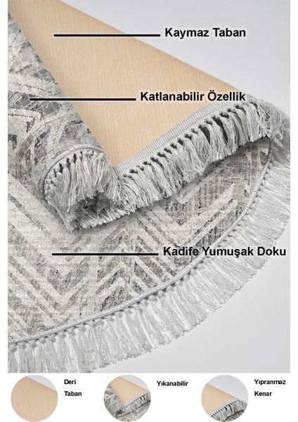 Dijital Salon Halısı Yıldız Deri Kaymaz Taban Saçaklı Yuvarlak Iskandinav Mel Gri