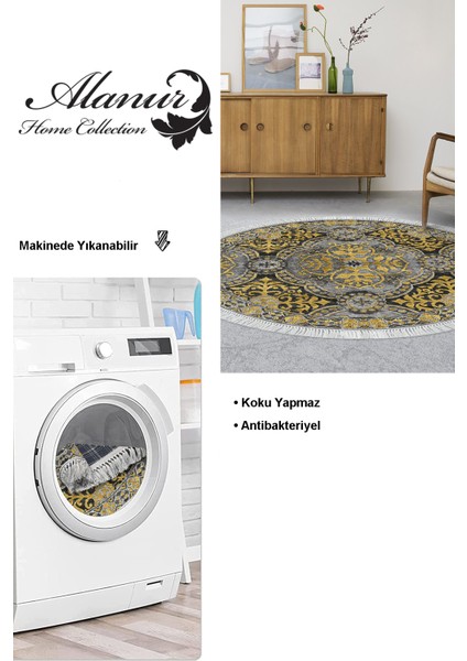 Dijital Salon Halısı Star Pamuk Kaymaz Taban Saçaklı Yuvarlak Modern Osana Sarı