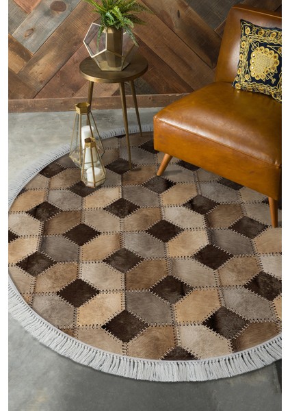 Dijital Salon Halısı Yıldız Deri Kaymaz Taban Saçaklı Yuvarlak Modern Tanya Kahve